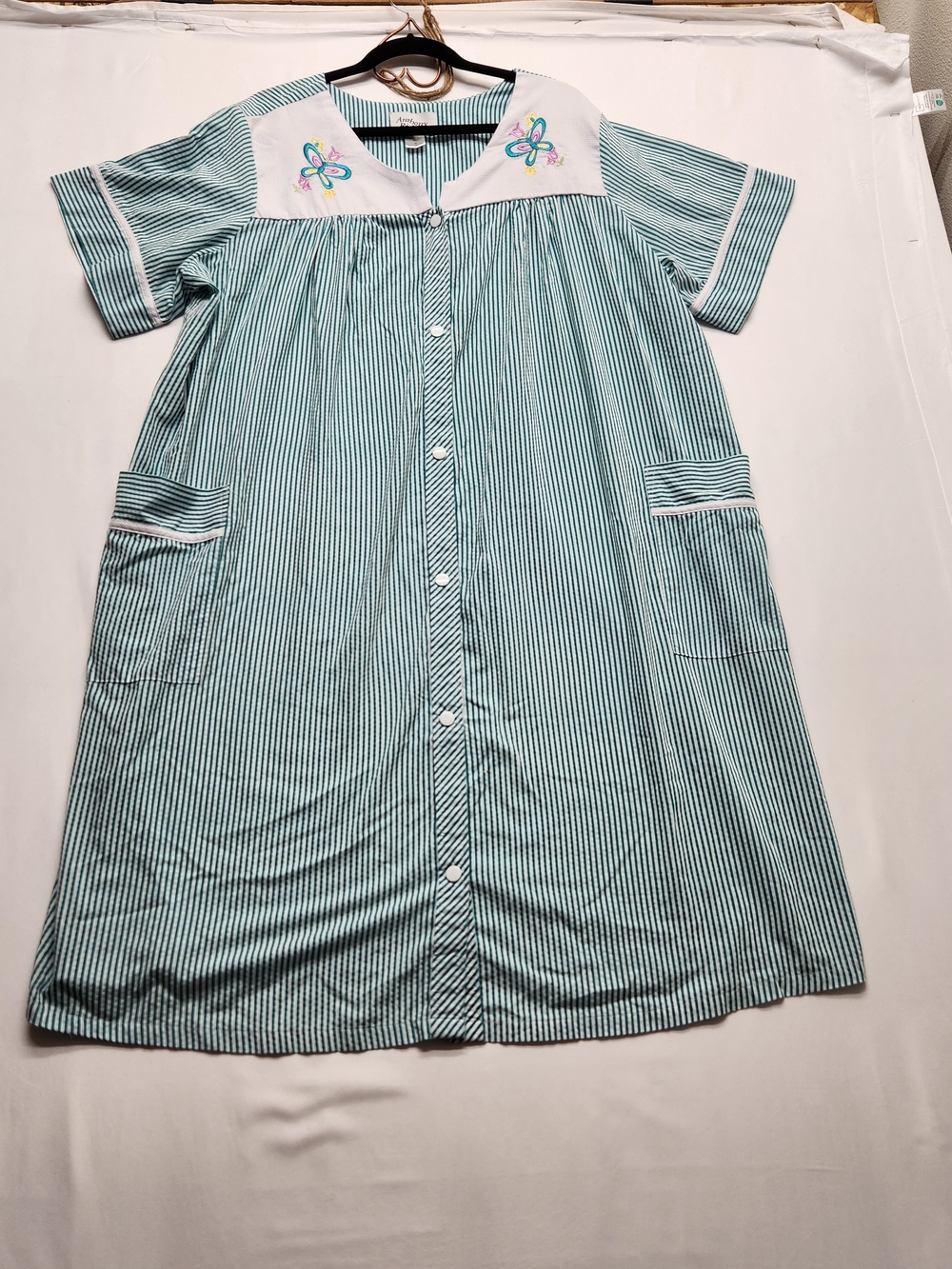 ⭐️Vintage Anthony Richards Green White Seersucker Striped House Dress Size 2XL